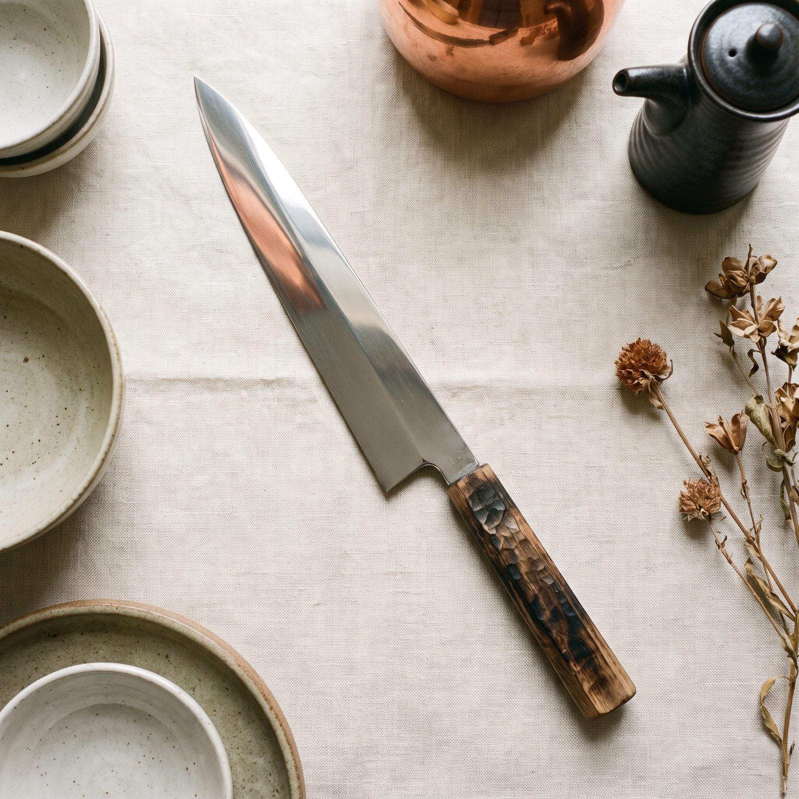 A hand-forged sujihiki resting on linen
